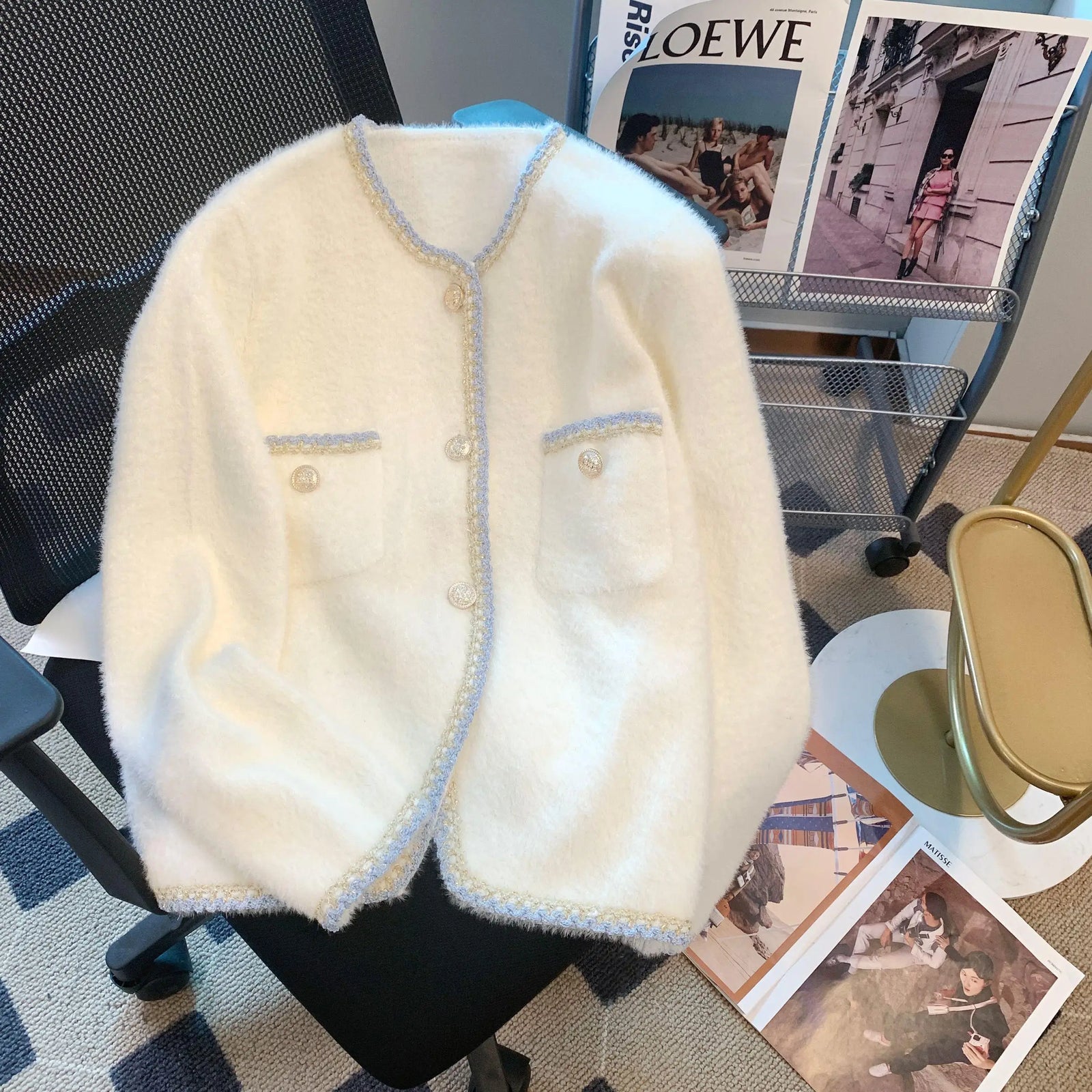 Autumn Winter French Black White Patchwork Knitted Cardigan Tops Women V Neck Single Breasted Long Sleeve Imitation Mink Sweater