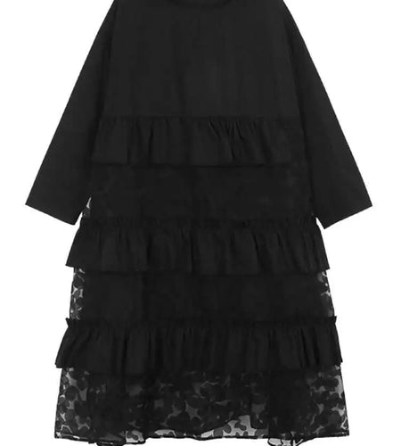 Women Black Flower Mesh Big Size Ruffles Casual Dress New Round Neck Long Sleeve Fashion Tide Spring Autumn 2025 1DH8213