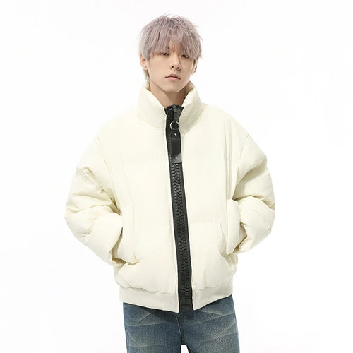 Load image into Gallery viewer, Korean Style Men&#39;s Padded Jackets Stand Collar Big Zipper PU Leather Solid Color Thickened Loose Male Cotton Coats 9C9345
