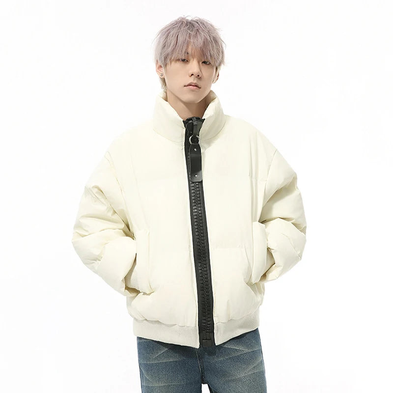 Korean Style Men's Padded Jackets Stand Collar Big Zipper PU Leather Solid Color Thickened Loose Male Cotton Coats 9C9345