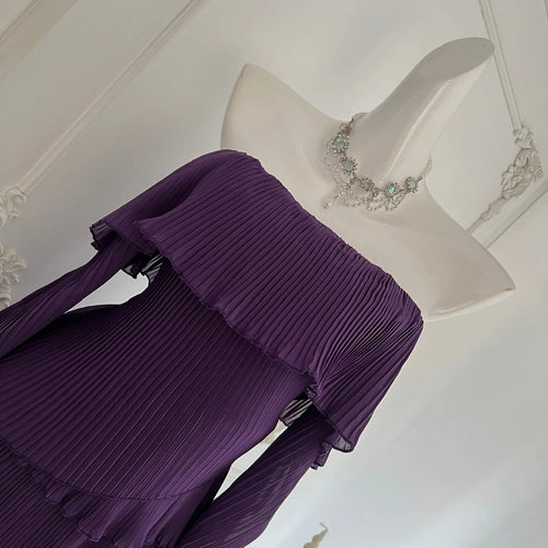 Load image into Gallery viewer, French Vintage Women Autumn Purple Long Sleeve Off Shoulder Mini Dress Fashion Backless Festival Party Slim Short Evening Dress
