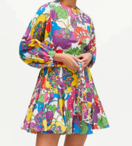 Print Ruched Lace Up Mini Dress For Women Round Neck Lantern Sleeve High Waist Colorblock Dresses Female Autumn Clothing New