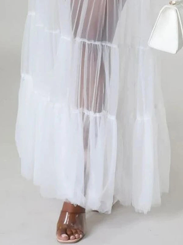 Elegant See-through Patchwork Chic Maxi Dress Woman 2025 Summer Puff Sleeves White Long Dresses Fit party birthday