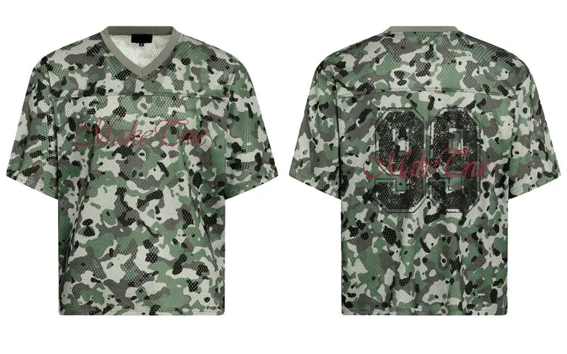 Men Vintage Mesh Jersey T-Shirt Y2K Graphic Printed Camouflage Tshirt Streetwear Hip Hop Punk Gothic V-Neck Breathable Top Tee