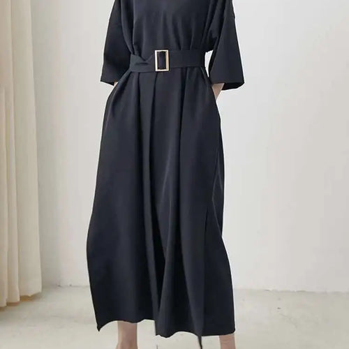 Load image into Gallery viewer, Women Black Brief Belted Elegant Big Size Dress New V-Neck Three-quarter Sleeve Fashion Tide Spring Autumn 2025 1DH6206
