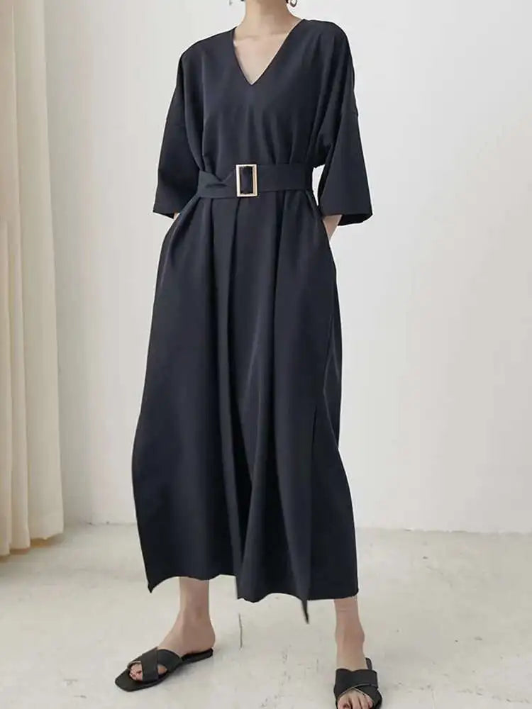 Women Black Brief Belted Elegant Big Size Dress New V-Neck Three-quarter Sleeve Fashion Tide Spring Autumn 2025 1DH6206