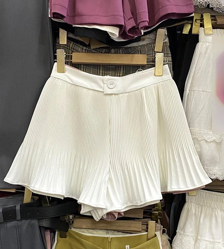 Women Sweet Black White Vacation Zipper Pleated Short Pant Summer Pink High Waist Wide Leg A-line Mini Shorts Casual Simplicity