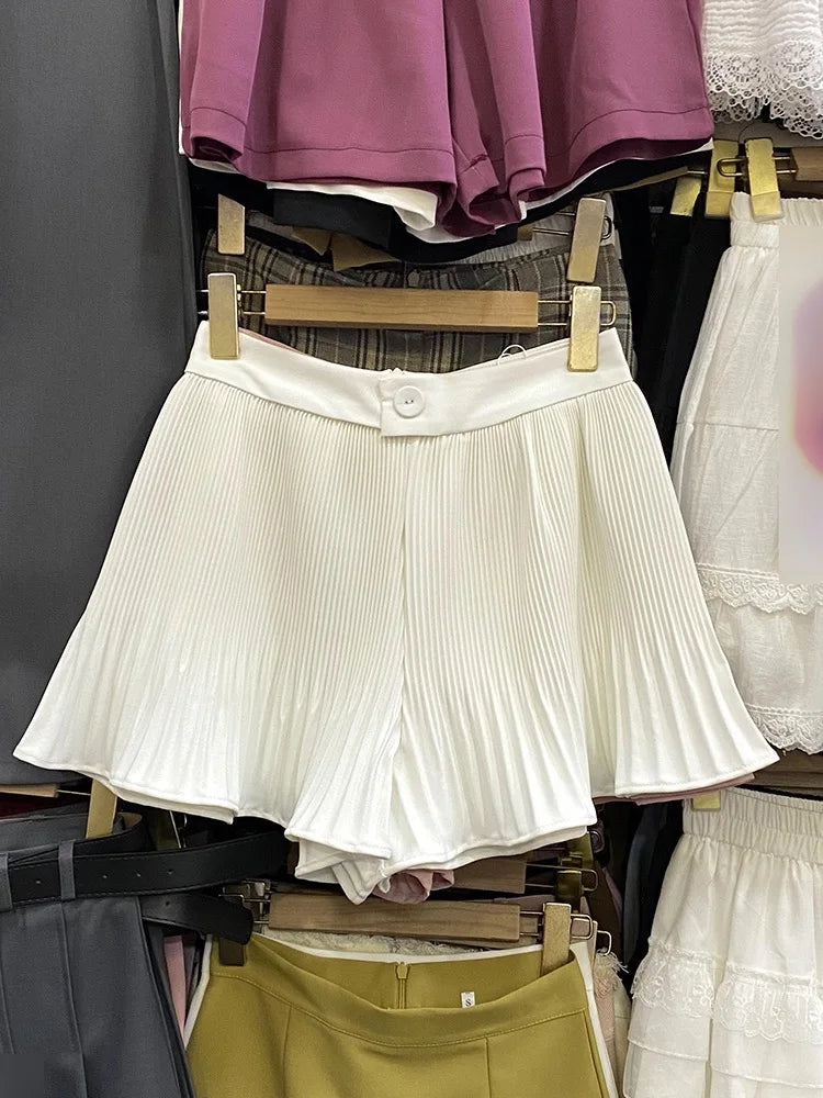 Women Sweet Black White Vacation Zipper Pleated Short Pant Summer Pink High Waist Wide Leg A-line Mini Shorts Casual Simplicity