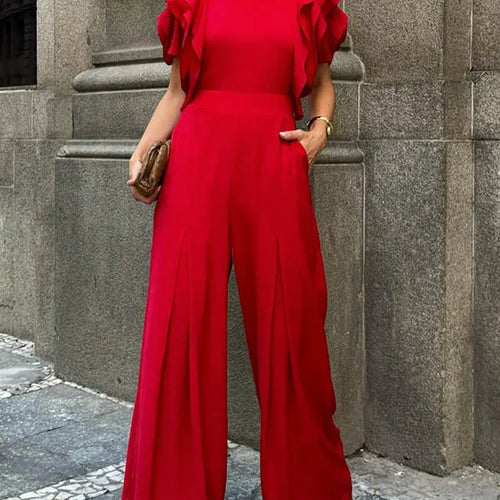 Load image into Gallery viewer, Red Romper Jumpsuit Woman 2025 New Summer Falbala Short Sleeves Wide Leg Jumpsuits Woman Elegant Party Formal Clothes
