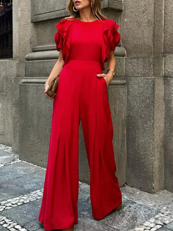 Red Romper Jumpsuit Woman 2025 New Summer Falbala Short Sleeves Wide Leg Jumpsuits Woman Elegant Party Formal Clothes