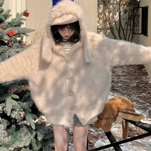 Load image into Gallery viewer, Harajuku Kawaii Fluffy Coat Y2k Aesthetic Fairy Grunge Jacket Warm Outwear Oversized Rabbit&#39;s Ears Hooded Cute Apricot Jackets
