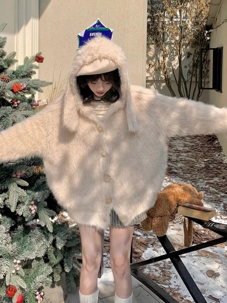 Harajuku Kawaii Fluffy Coat Y2k Aesthetic Fairy Grunge Jacket Warm Outwear Oversized Rabbit's Ears Hooded Cute Apricot Jackets