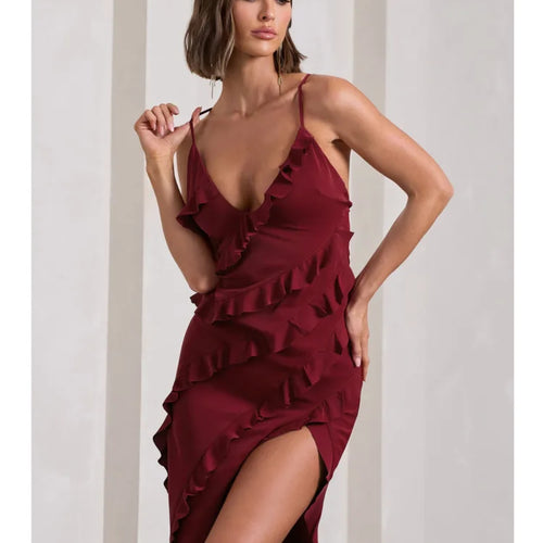 Load image into Gallery viewer, Elegant Spaghetti Strap Backless Charming Dress For Women 2024 Summer Sexy V-neck Ruffle Edge Split Party Evening Dress
