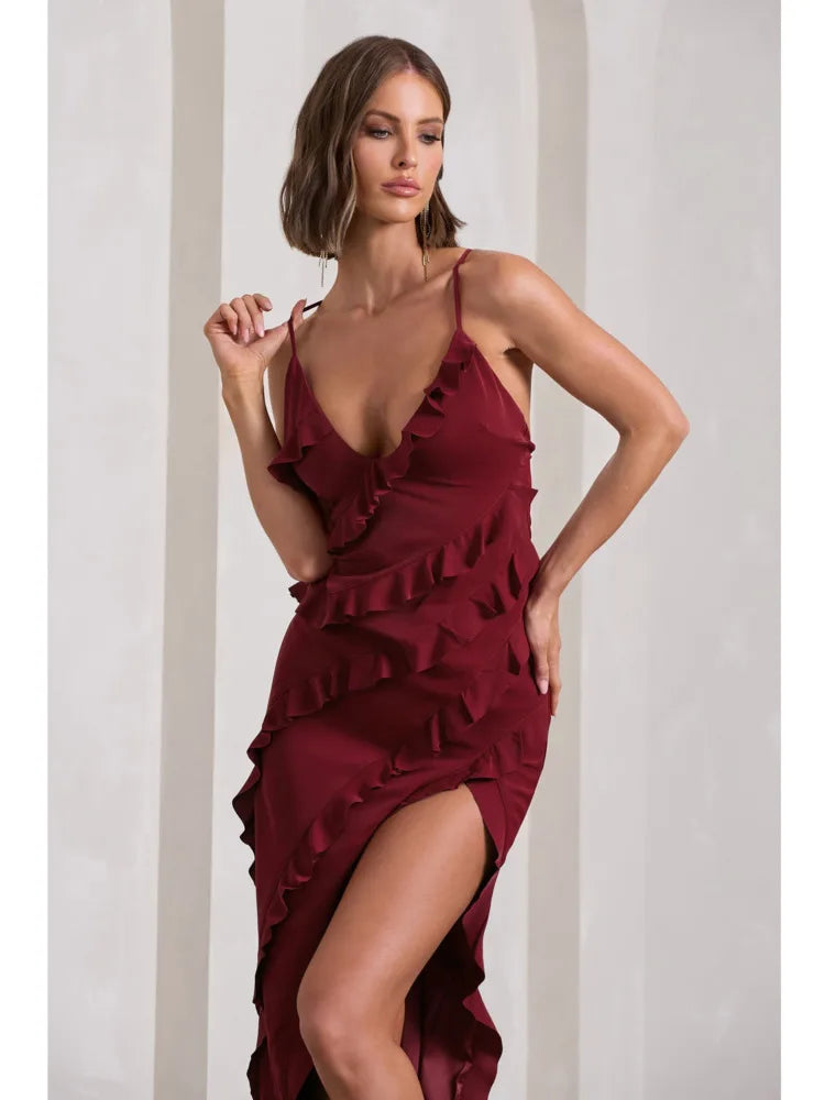 Elegant Spaghetti Strap Backless Charming Dress For Women 2024 Summer Sexy V-neck Ruffle Edge Split Party Evening Dress