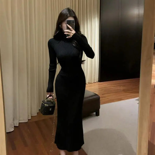 Load image into Gallery viewer, New Solid High Collar Long Sleeve Festival Knitted Dress Autumn Winter French Fashion Slim Long Sleeves Elegant Wrap Hip Dresses
