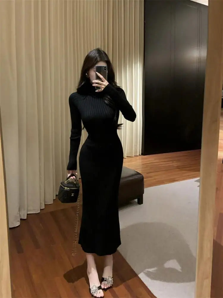 New Solid High Collar Long Sleeve Festival Knitted Dress Autumn Winter French Fashion Slim Long Sleeves Elegant Wrap Hip Dresses