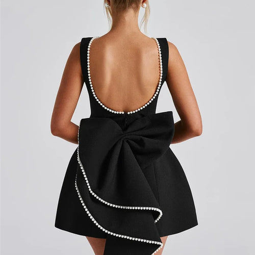 Load image into Gallery viewer, Pearl Bow Backless Sexy Mini Dress For Women Robe Fashion Zipper Sleeveless High Waist A-line Club Party Dress Elegant
