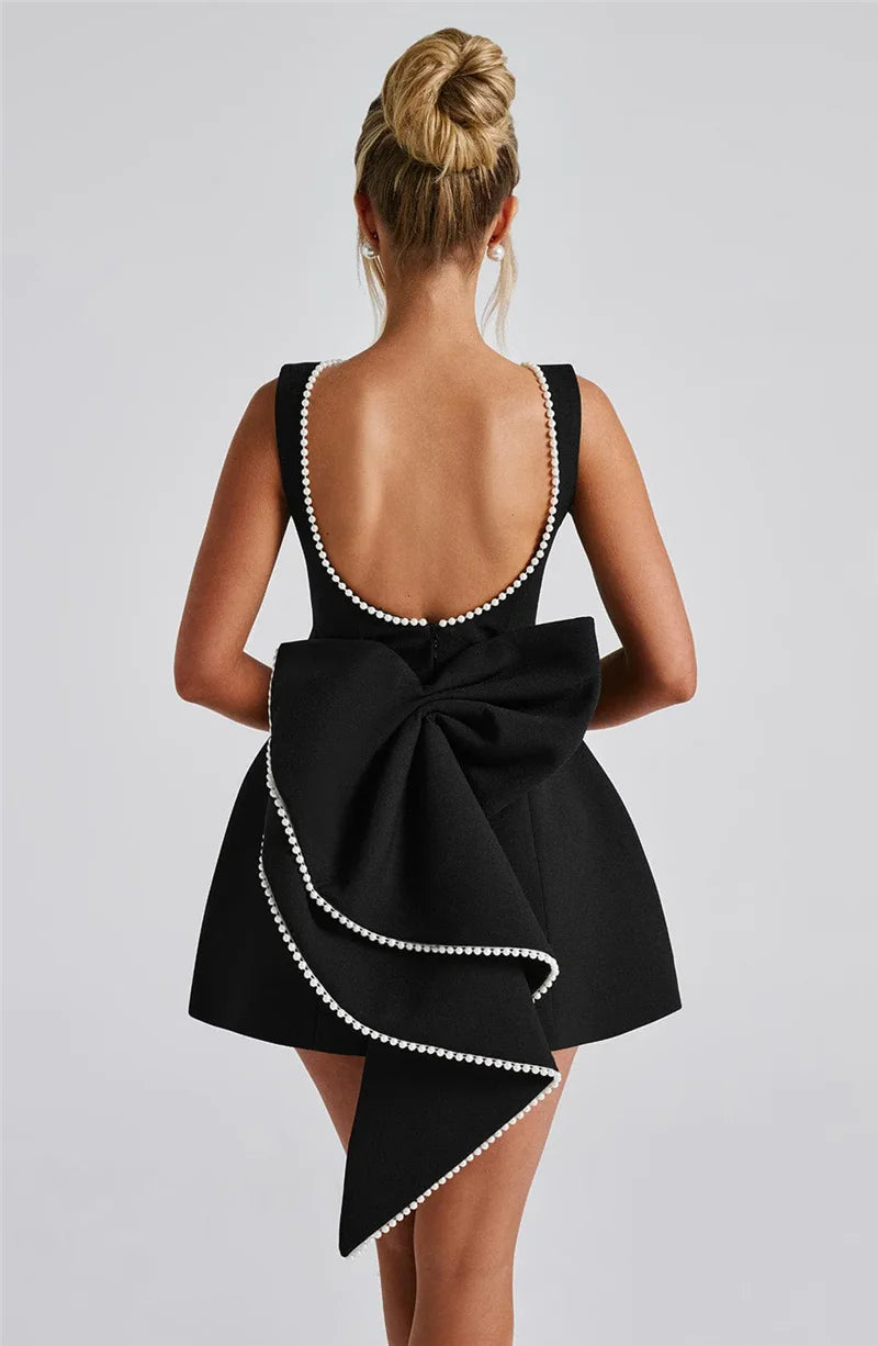 Pearl Bow Backless Sexy Mini Dress For Women Robe Fashion Zipper Sleeveless High Waist A-line Club Party Dress Elegant