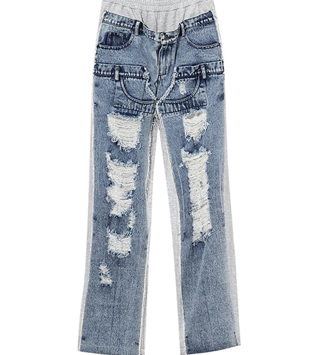 High Waist Gray Denim Burr Color-block Long Casual Wide Leg Jeans New Women Trousers Fashion Spring Autumn 2025 7AB4255