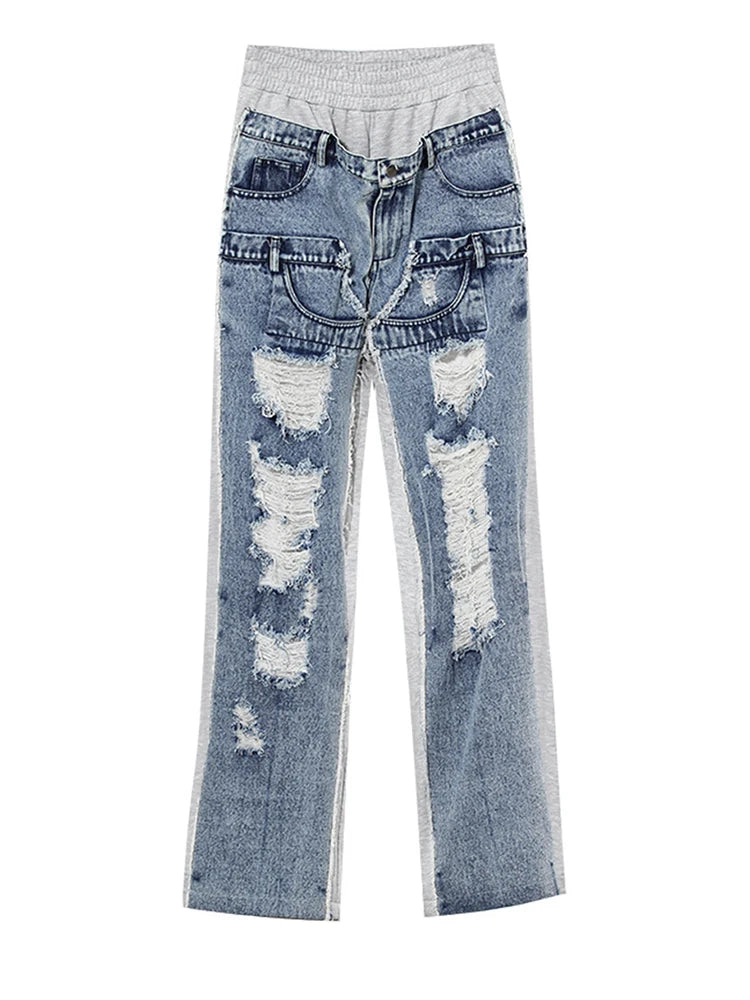 High Waist Gray Denim Burr Color-block Long Casual Wide Leg Jeans New Women Trousers Fashion Spring Autumn 2025 7AB4255