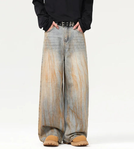 Stylish Men's Jeans American Distressed Baggy Straight Wide Leg Design Tie-dyed Personalized Male Trousers 2025 9W1561