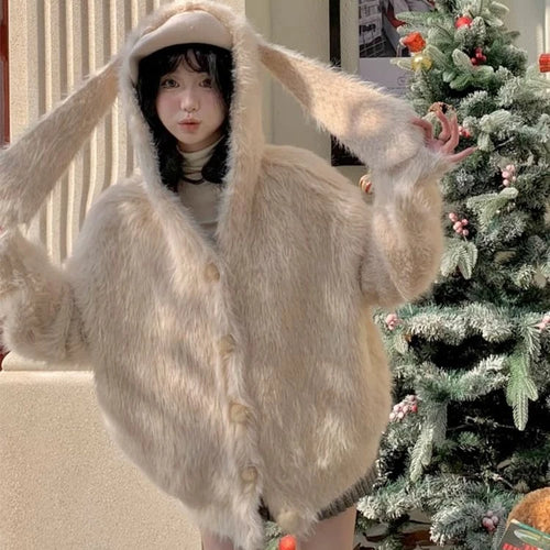 Load image into Gallery viewer, Harajuku Kawaii Fluffy Coat Y2k Aesthetic Fairy Grunge Jacket Warm Outwear Oversized Rabbit&#39;s Ears Hooded Cute Apricot Jackets
