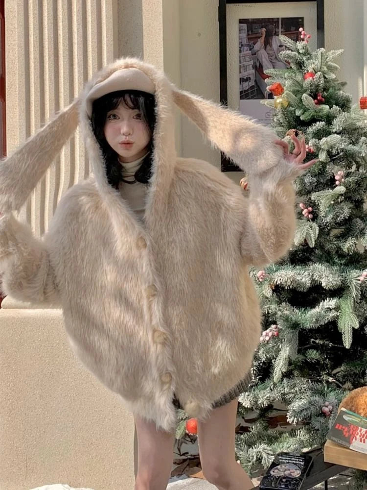 Harajuku Kawaii Fluffy Coat Y2k Aesthetic Fairy Grunge Jacket Warm Outwear Oversized Rabbit's Ears Hooded Cute Apricot Jackets