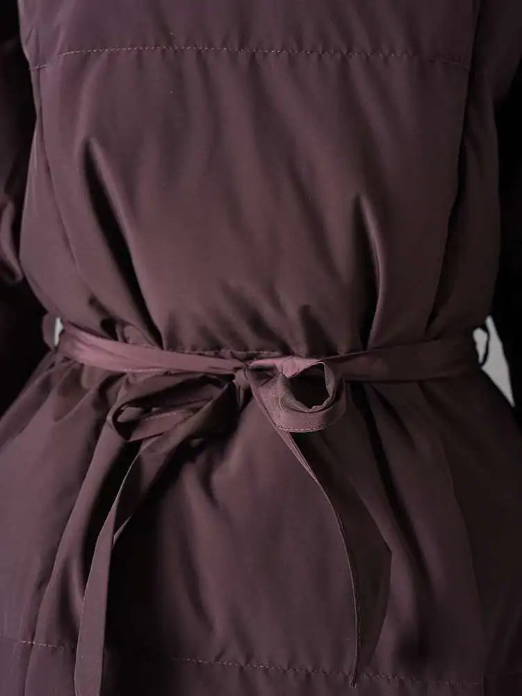 Wine Red Belted Big Size Warm Cotton-padded Coat Long Sleeve Women Parkas Fashion Tide New Autumn Winter 2025 2AA4243