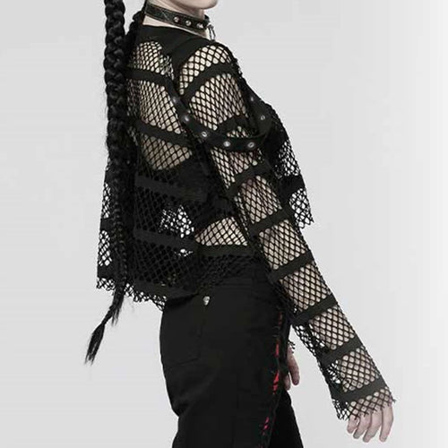 Load image into Gallery viewer, Streetwear Gothic Punk Style Fishnet Top Smock Summer T shirt Women Buckle See Through Pullover Dark Academia Shirts
