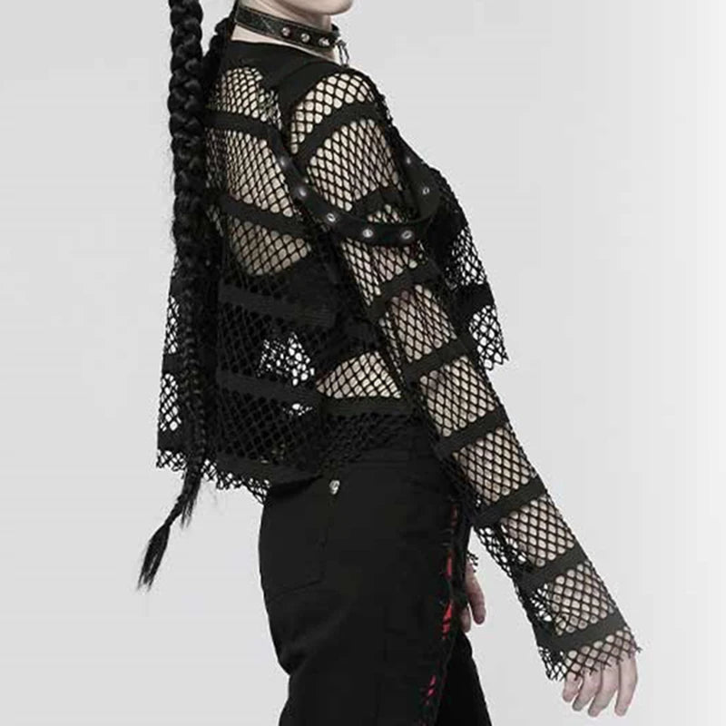 Streetwear Gothic Punk Style Fishnet Top Smock Summer T shirt Women Buckle See Through Pullover Dark Academia Shirts
