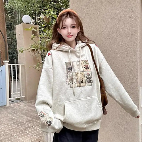 Load image into Gallery viewer, Autumn Winter 2025 Beige Velvet Embroidered Elegant Pullover Fashion Short Hooded Sweatshirt Women Trendy Long Sleeve Tops Retro
