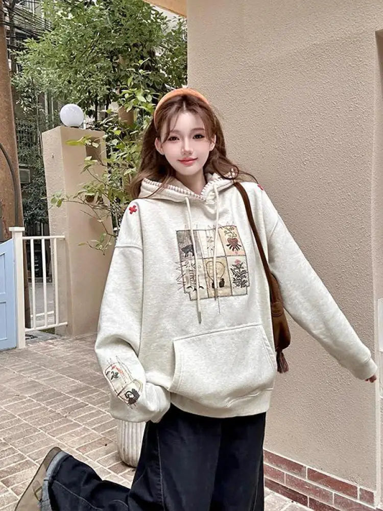 Autumn Winter 2025 Beige Velvet Embroidered Elegant Pullover Fashion Short Hooded Sweatshirt Women Trendy Long Sleeve Tops Retro