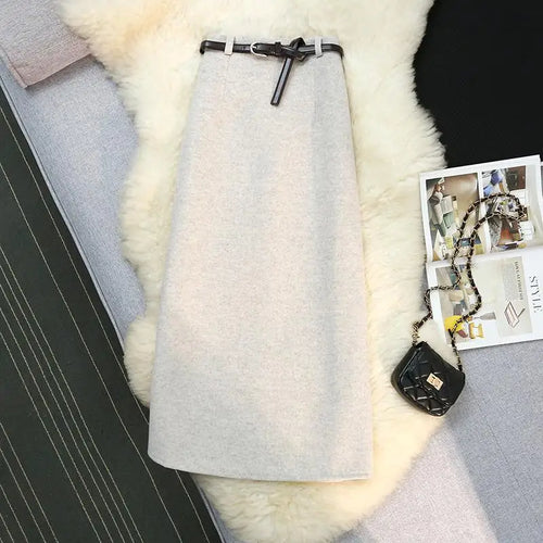 Load image into Gallery viewer, Autumn Winter New Beige Purple Elegant Woolen Skirt Female Black Elastic High Waist Party Wrap Hip Mid-length Skirt Vintage Chic
