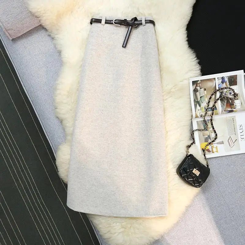 Autumn Winter New Beige Purple Elegant Woolen Skirt Female Black Elastic High Waist Party Wrap Hip Mid-length Skirt Vintage Chic