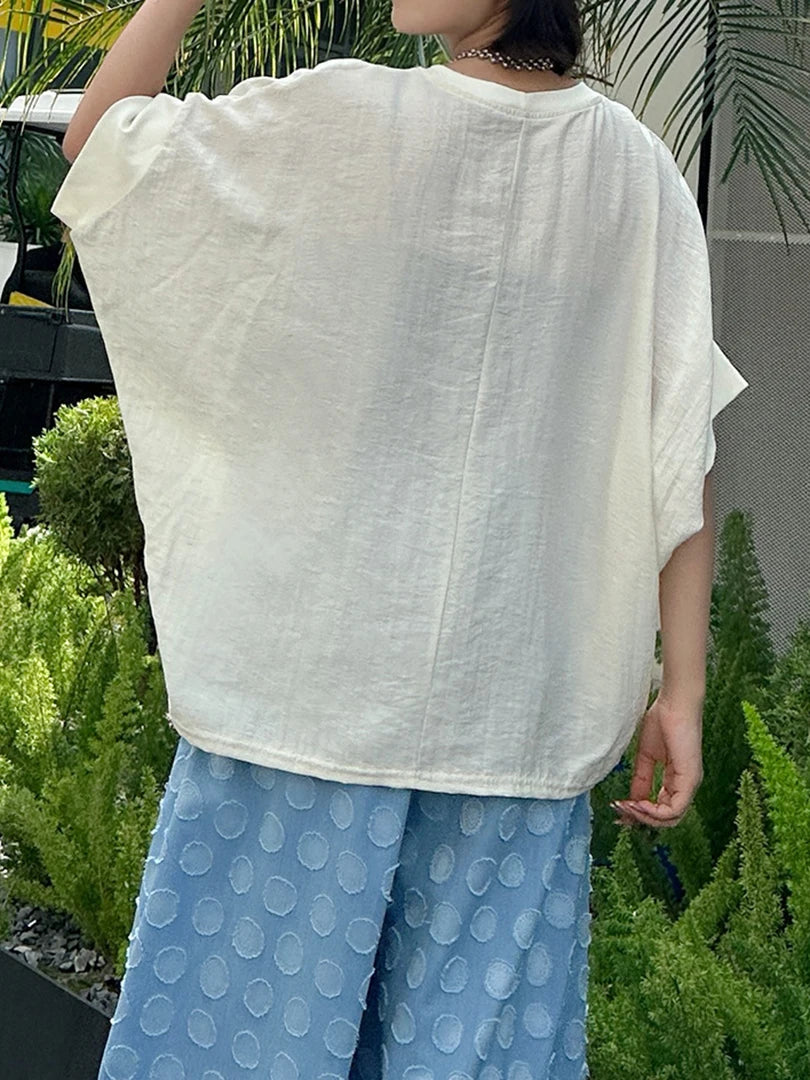 Women Beige Striped Printed Big Size Thin T-shirt New Round Neck Half Batwing Sleeve Fashion Spring Summer 2025 1DJ1570