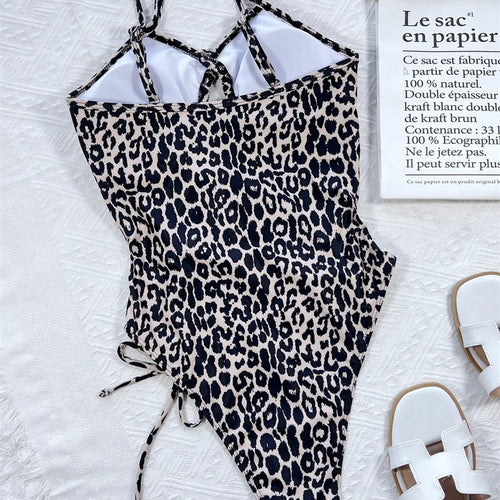 Load image into Gallery viewer, Irregular Halter One Piece Swimsuit Leopard Swimwear for Women Sexy Bathing Suit Cut Out Bandage Monokini
