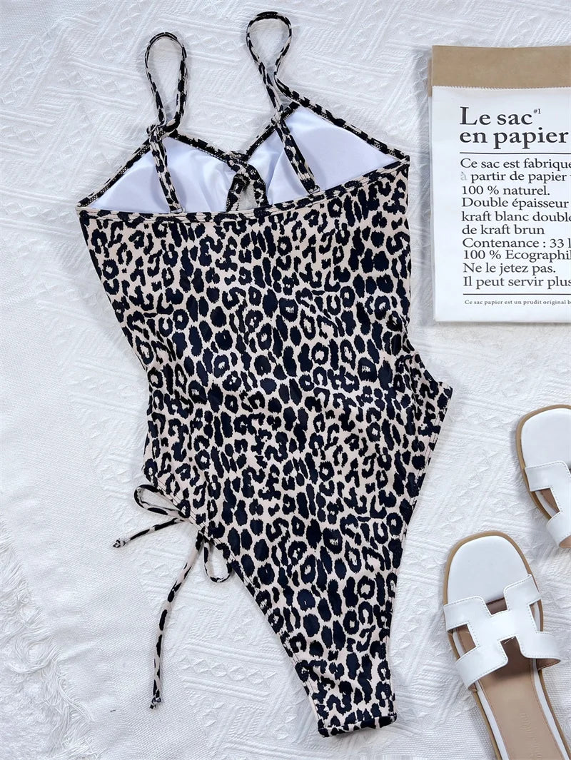 Irregular Halter One Piece Swimsuit Leopard Swimwear for Women Sexy Bathing Suit Cut Out Bandage Monokini