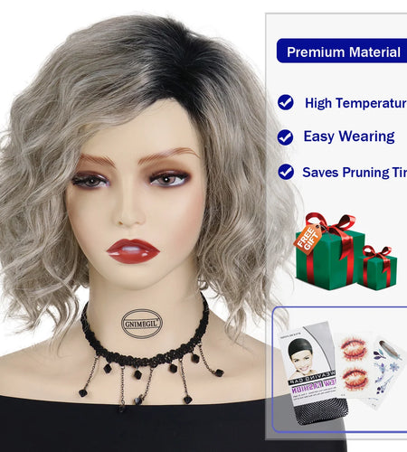 Synthetic Hair Ombre Gray Wigs for Women Medium Length Wave Wig with Black Roots Mommy Wig Natural Hairstyles Curly Wig