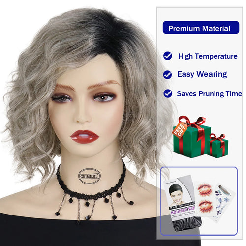 Load image into Gallery viewer, Synthetic Hair Ombre Gray Wigs for Women Medium Length Wave Wig with Black Roots Mommy Wig Natural Hairstyles Curly Wig
