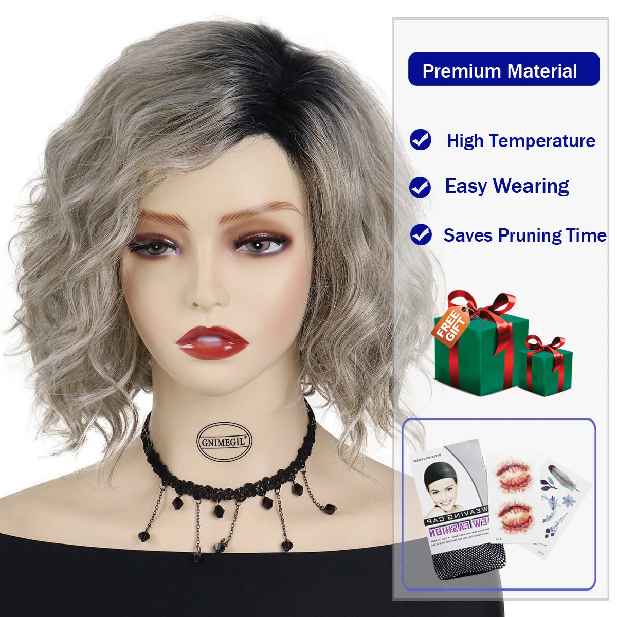 Synthetic Hair Ombre Gray Wigs for Women Medium Length Wave Wig with Black Roots Mommy Wig Natural Hairstyles Curly Wig