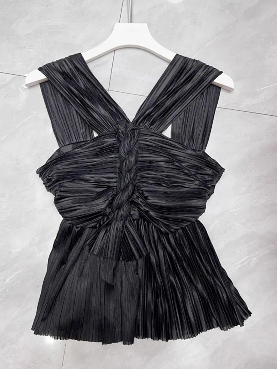 Solid Minimalist Spliced Folds Vest For Women V Neck Sleeveless Tunic Slimming Vests Female Fashion Style Clothes