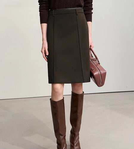 Minimalist Skirts For Women 2025 Winter New Straight Solid Knit Midi Skirt Patchwork Leather Casual Woman Clothes 12524092