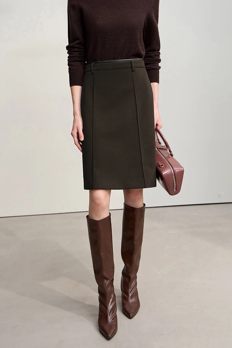 Minimalist Skirts For Women 2025 Winter New Straight Solid Knit Midi Skirt Patchwork Leather Casual Woman Clothes 12524092