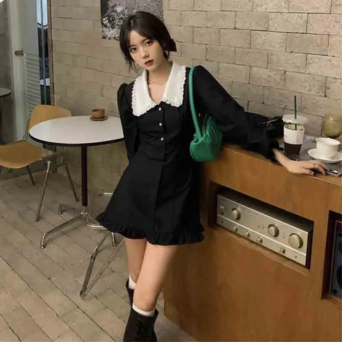 Load image into Gallery viewer, Vintage Black Mini Dress Women French Lace Peter Pan Collar Ruffle Short Dresses Bodycon Wrap Robes Fashion Autumn
