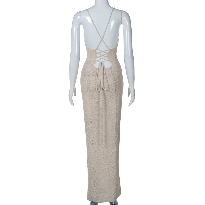 Hollow Out Backless Knit Dress For Women Spaghetti Strap Bandage Sleeveless Bodycon Club Party Sexy Long Dress Elegant