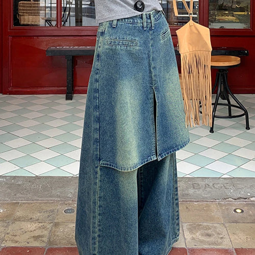 Load image into Gallery viewer, Fake Two Patchwork Skirt Denim Trouser For Women High Waist Spliced Pockets Loose Wide Leh Pants Female Fashion Style New
