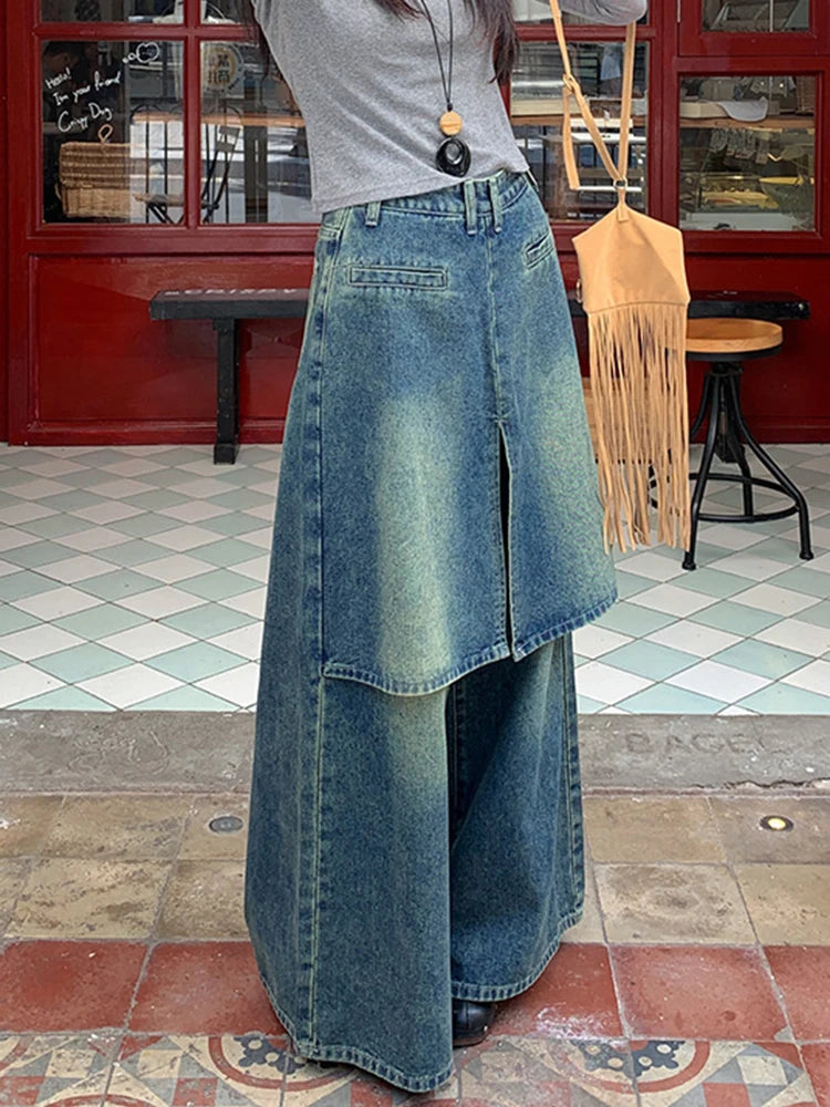 Fake Two Patchwork Skirt Denim Trouser For Women High Waist Spliced Pockets Loose Wide Leh Pants Female Fashion Style New