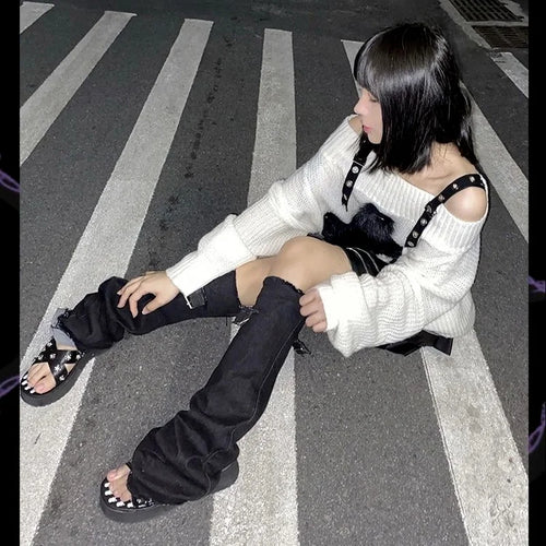 Load image into Gallery viewer, Harajuku Punk Knitwear Women Off Shoulder Belted Thin Sweater Cross Fur Patch 2025 Autumn Loose Gothic Y2k Pullover
