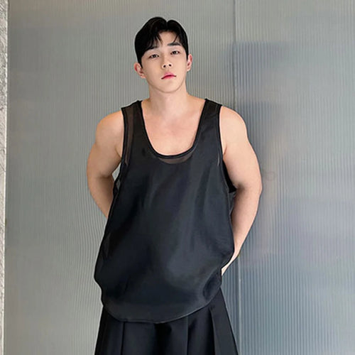 Load image into Gallery viewer, Male Personalized Male Vest Versatile Solid Color Double Layered Satin Mesh Two-piece Tank Top Temperament Men Top 9C5944
