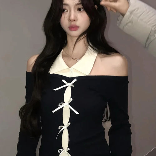 Load image into Gallery viewer, Black Woman T Shirts Irregular Korean Camisetas Fake Two Sexy Tees Crop Tops Chic Off Shoulder Knit Y2k Tshirts 2024 Ropa Mujer
